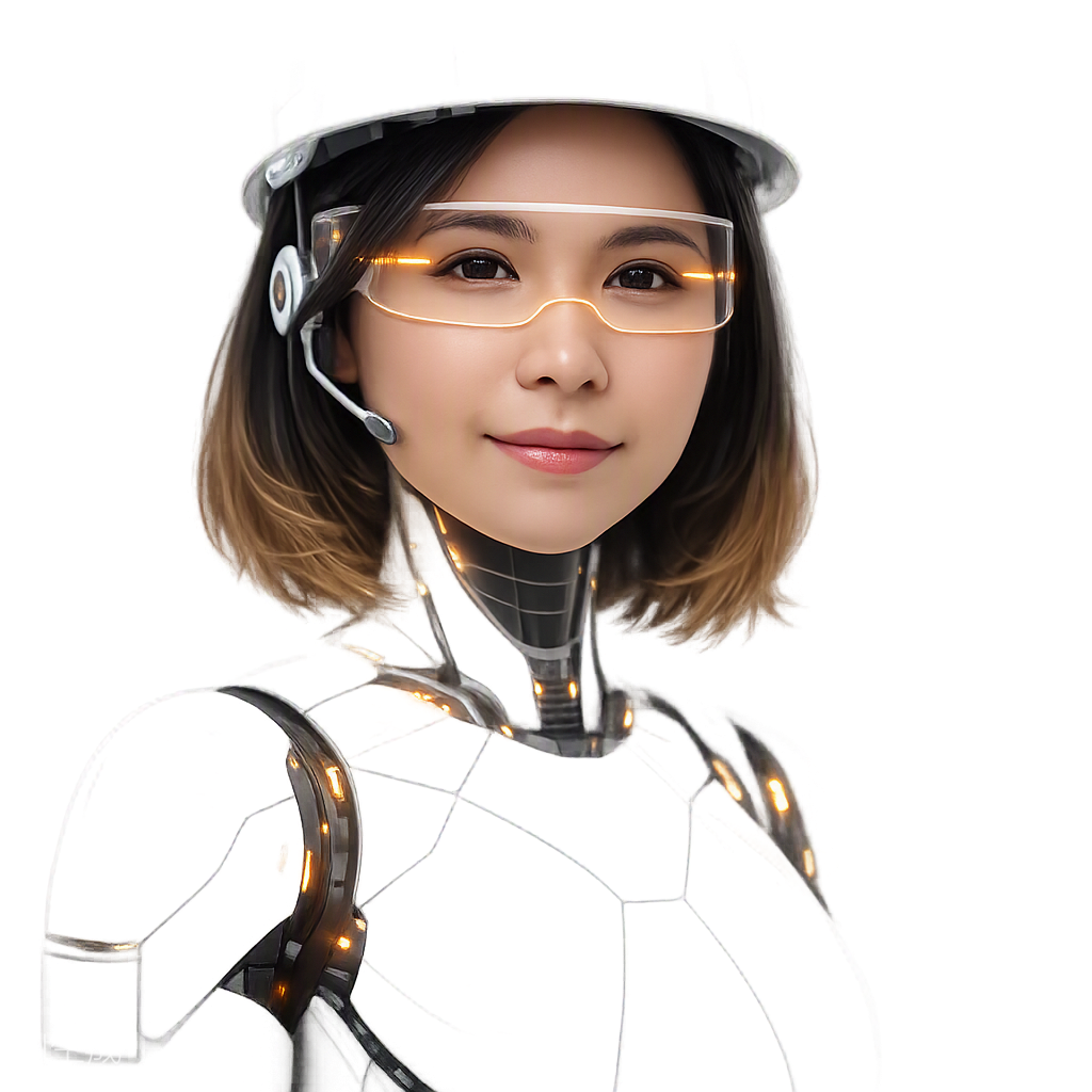 Bolt — Anna's white AI assistant: a white humanoid robot with Anna's face and hairstyle, white hard hat, glowing amber visor and headset
