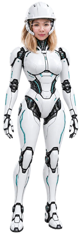 Bolt, Anna’s AI twin, in white mechanical armour with her distinctive dual headset.