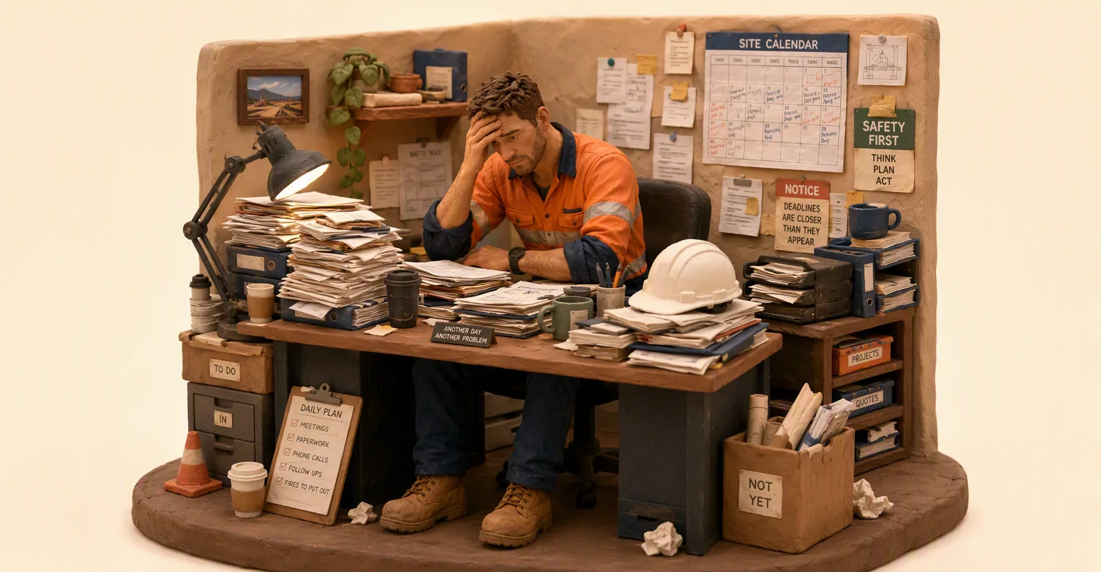 A miniature builder overwhelmed by construction paperwork and admin