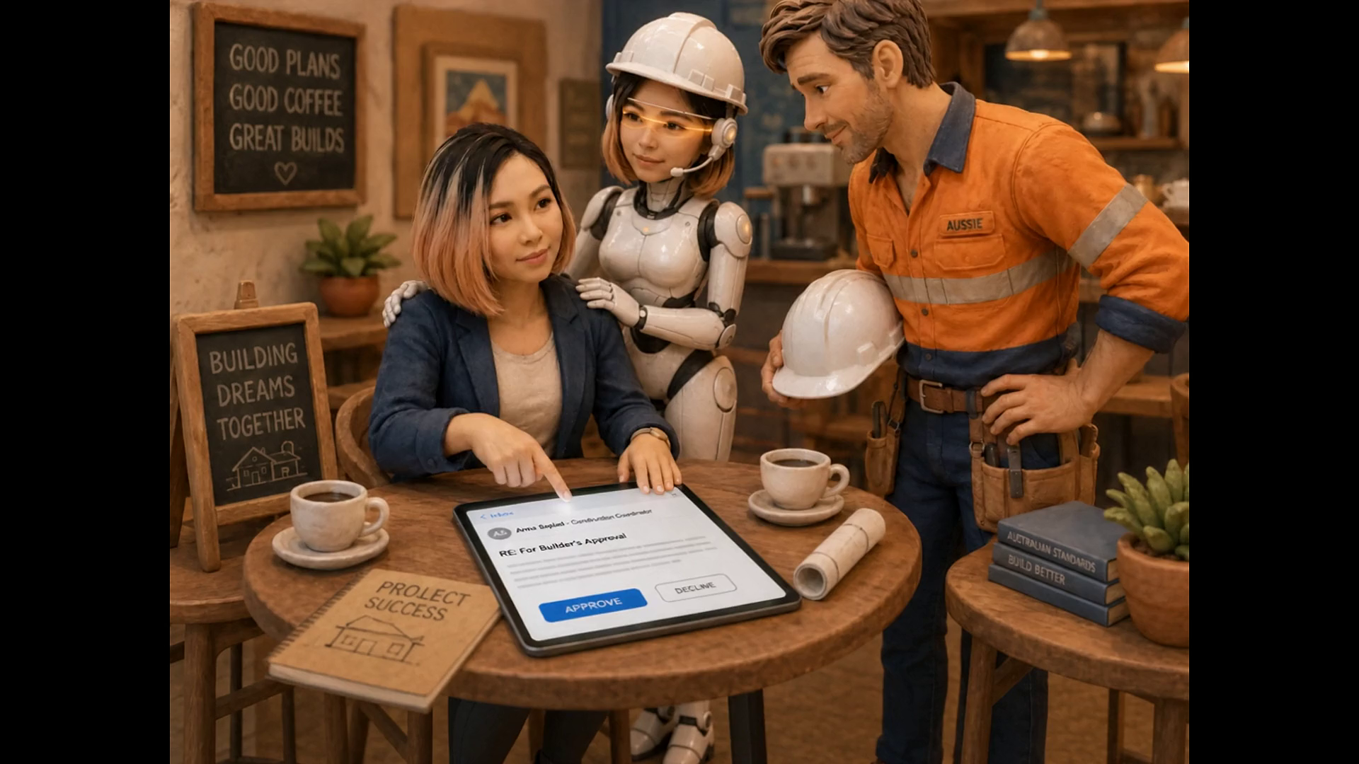 A coordinated construction workflow reviewed on a tablet